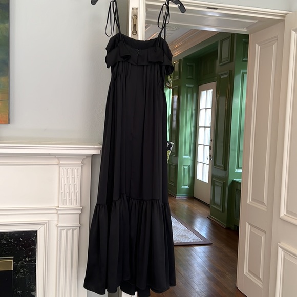 Long flowing silky thin strap black dress with faux ties at shoulders. - Picture 5 of 6